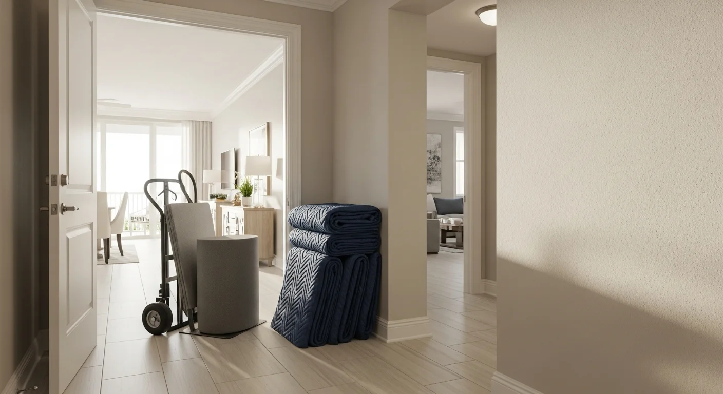 Movers navigating furniture through an apartment building hallway