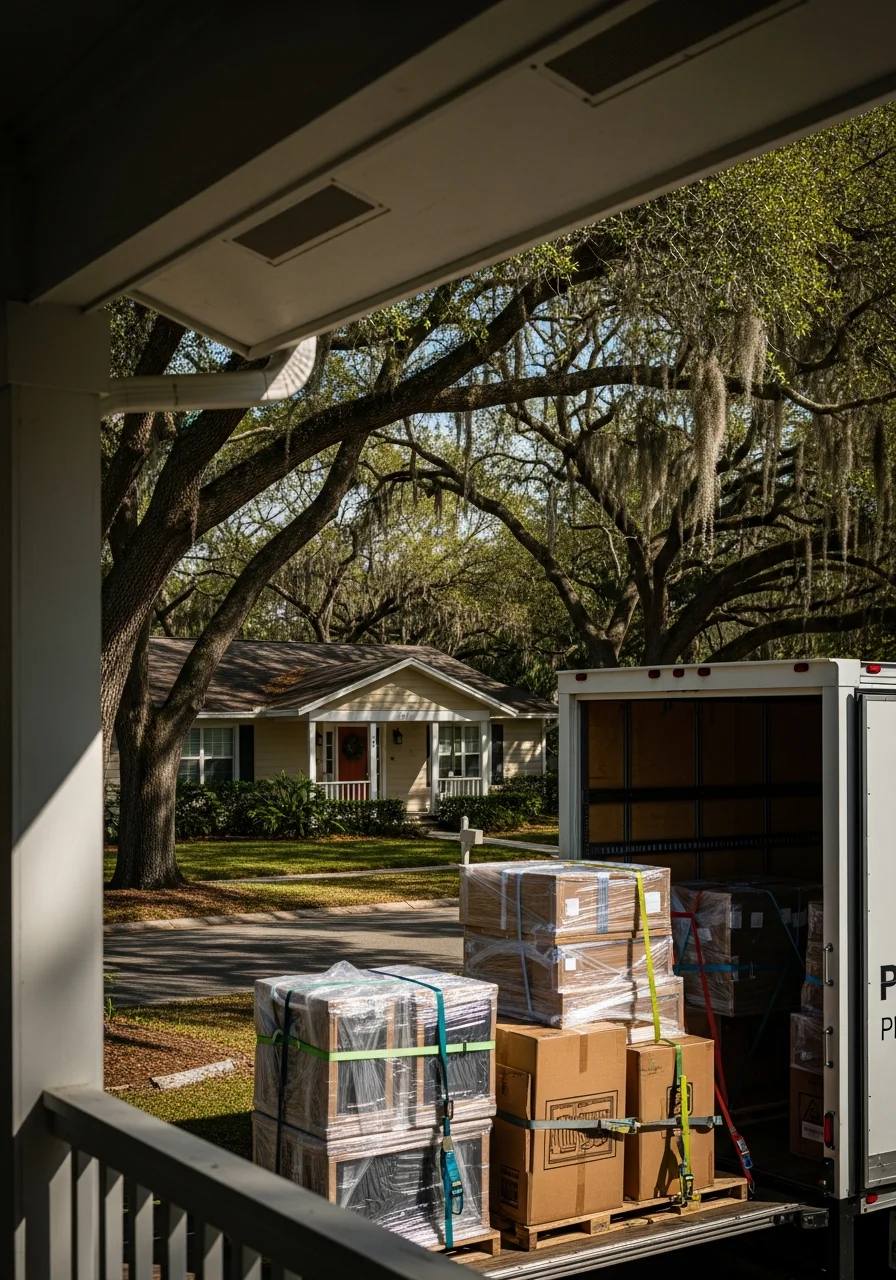 Professional movers unloading furniture from a truck into a Bradenton home with a covered porch and established neighborhood backdrop.