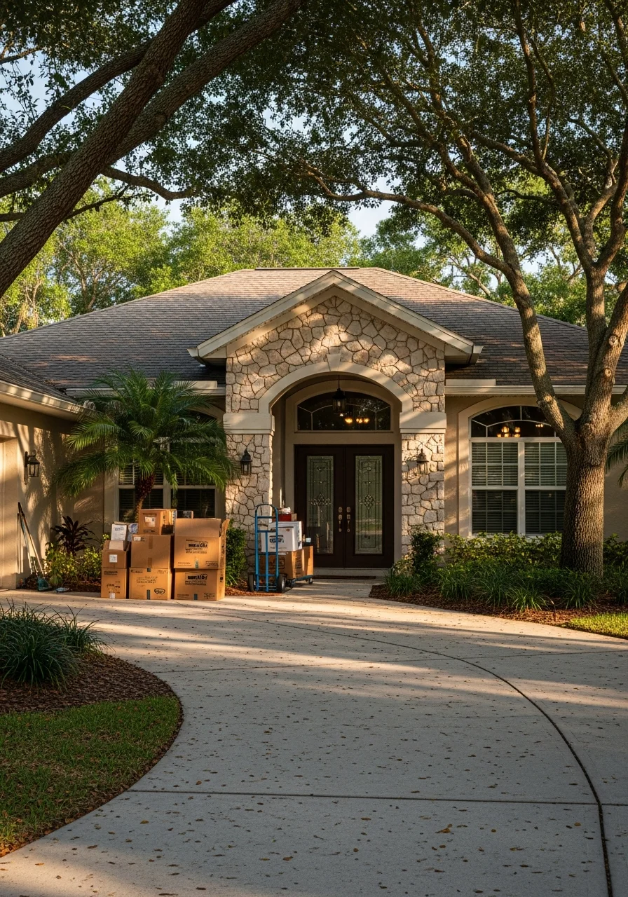 Movers carrying boxes and furniture into a Gulf Gate Estates home with traditional architecture and a tree-shaded front yard.