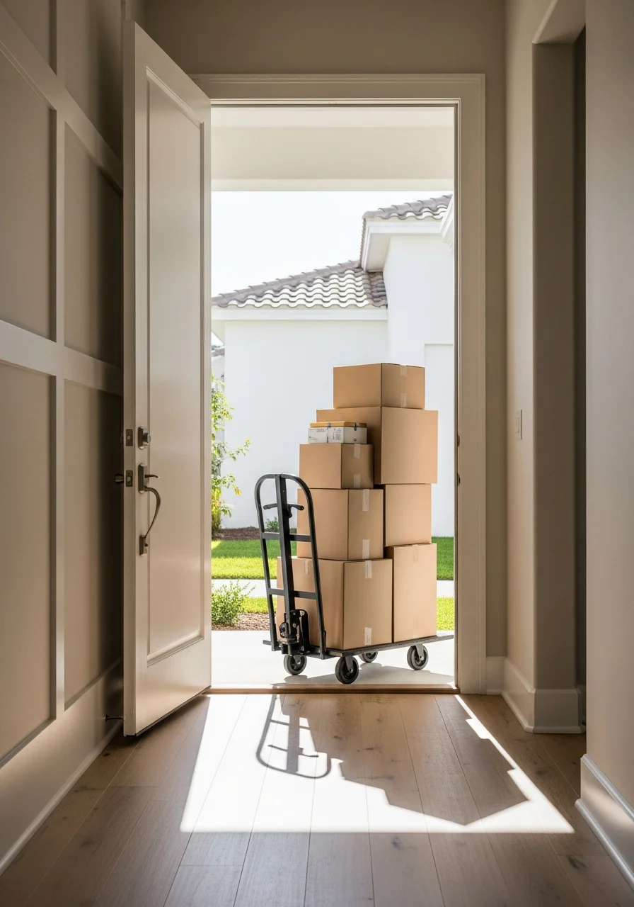 Movers carefully carrying furniture through the entryway of a Lakewood Ranch residence with modern finishes and open floor plan.