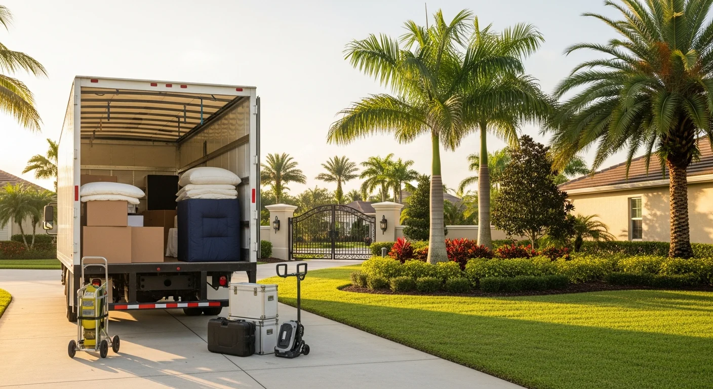 Professional moving crew loading a residential truck outside a Lakewood Ranch home with manicured landscaping and gated community entrance visible.
