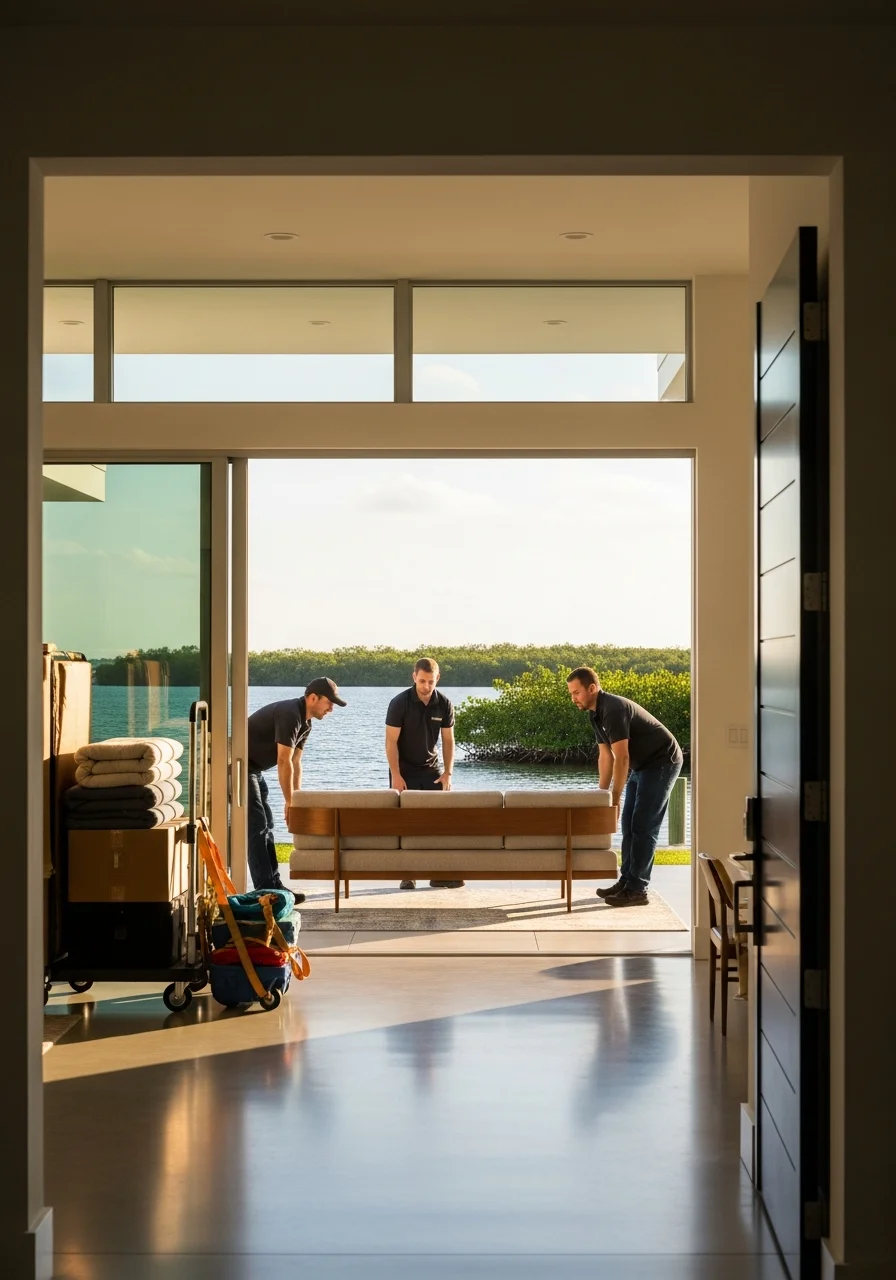 Professional movers carefully carrying fine furniture into a Longboat Key waterfront home with modern architecture and ocean views.