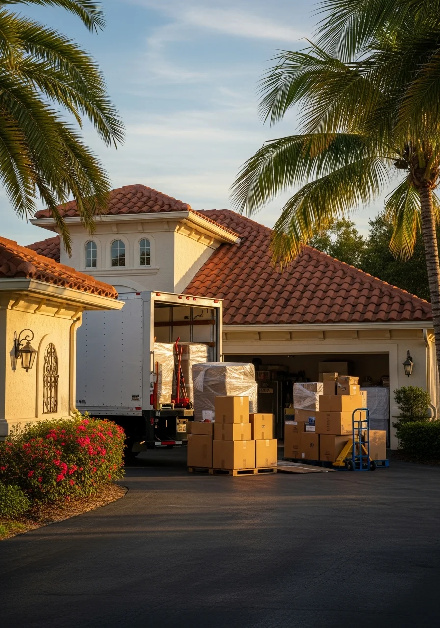 Movers carrying household items into a Northport home with traditional architecture and a welcoming neighborhood setting.