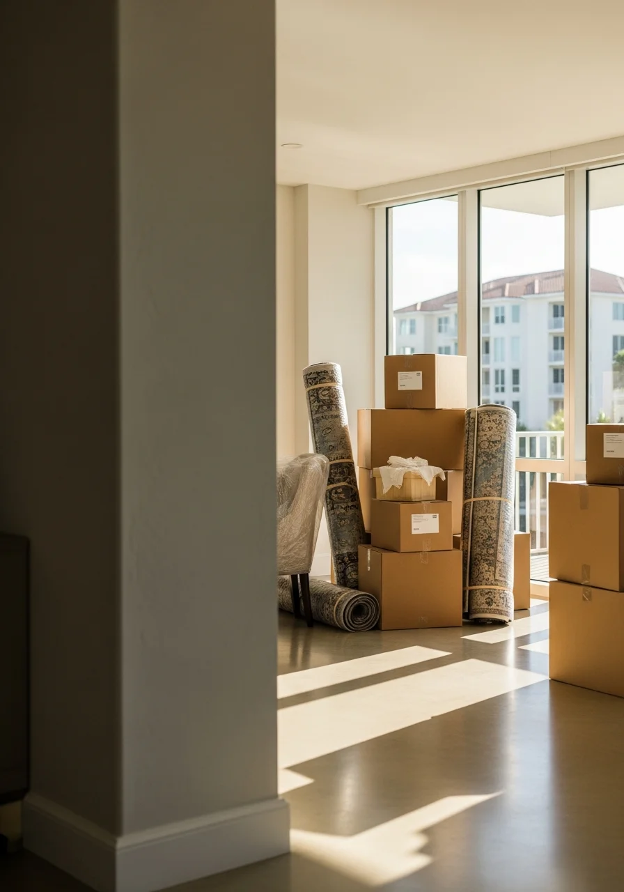 Professional movers carrying boxes and furniture into a modern Sarasota condo unit with coastal décor and large windows.