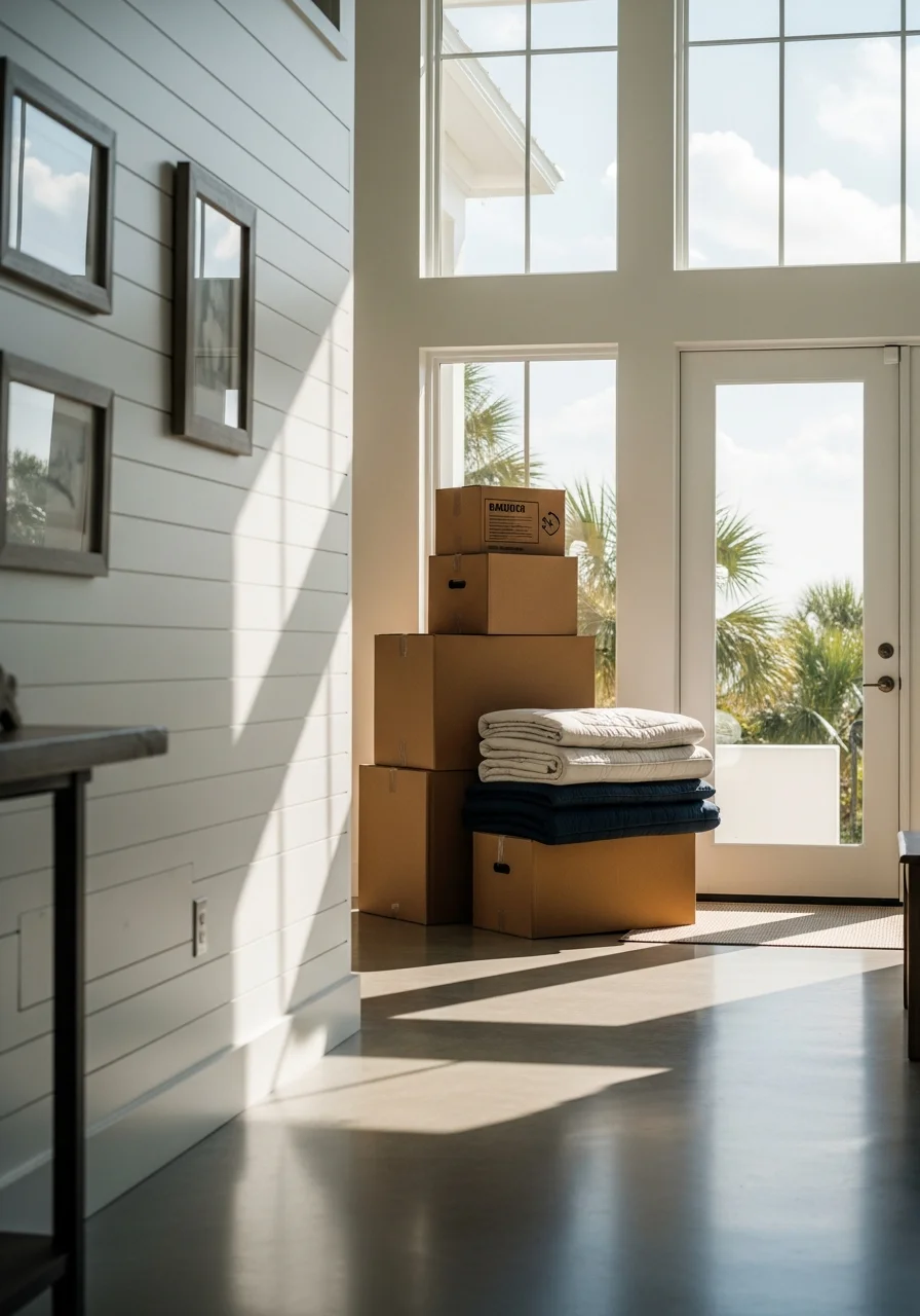 Professional movers carrying furniture into an upscale Siesta Key residence with modern coastal design and beach-view windows.