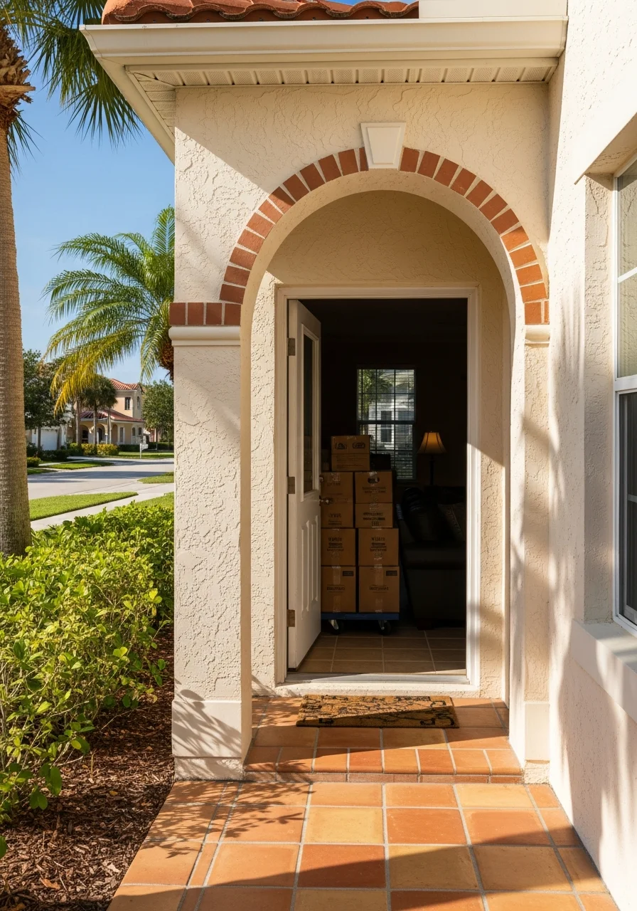 Movers carrying furniture into a Venice home with coastal design elements and a view of the town's characteristic grid-pattern streets.