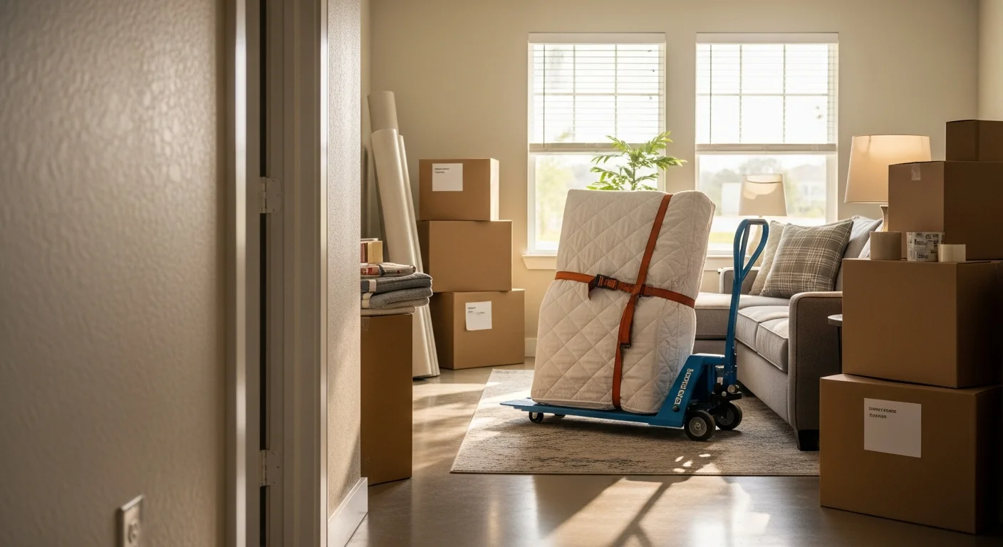 Owens Moving and Packing crew loading wrapped furniture from a Lakewood Ranch apartment into a moving truck. The building entrance and parking area are visible in the background.