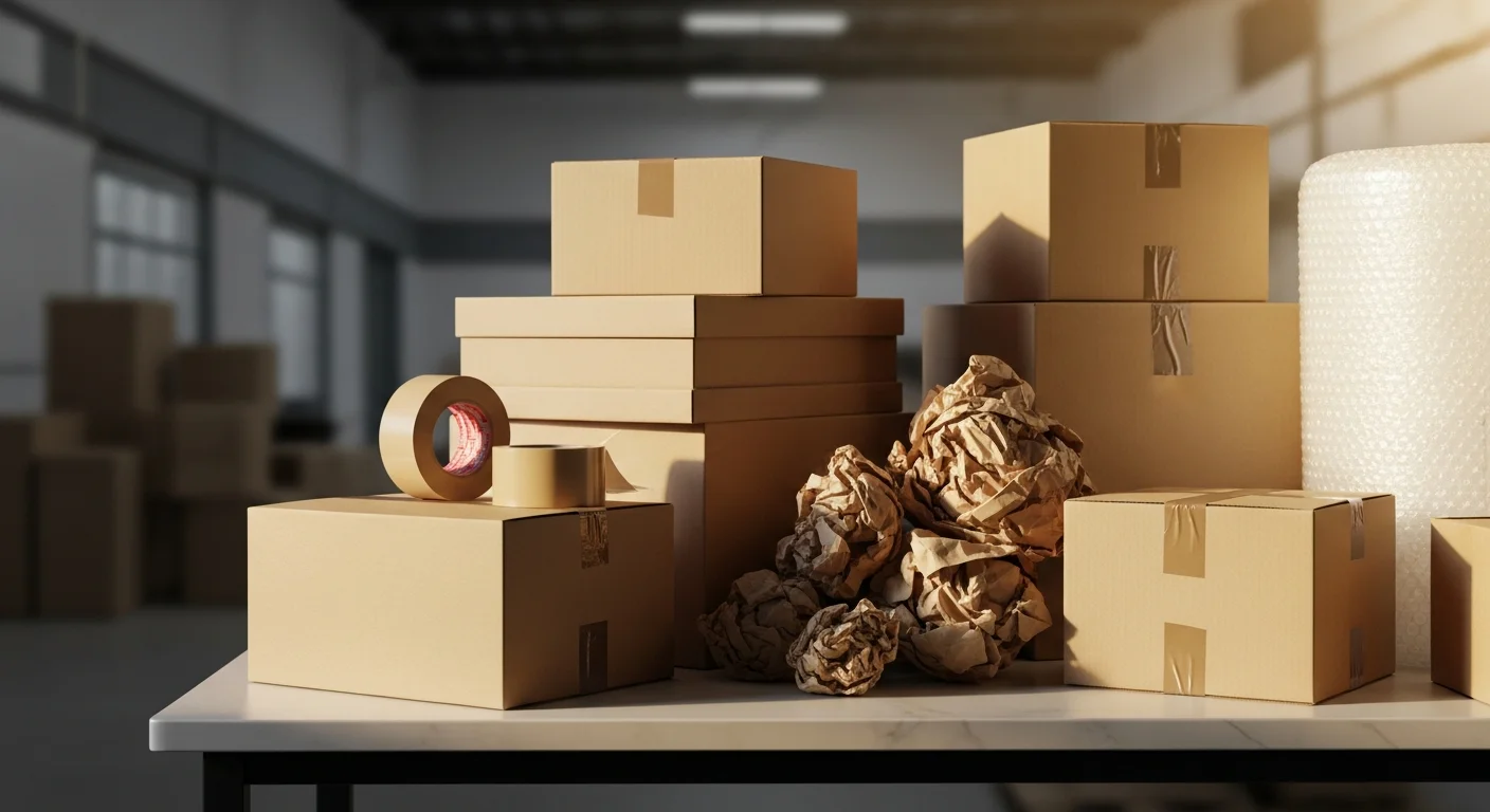 A neatly stacked assortment of moving boxes in various sizes, packed and labeled, inside a Lakewood Ranch home prepared for a residential move. Packing tape and cushioning wrap sit beside the boxes on a light tile floor.