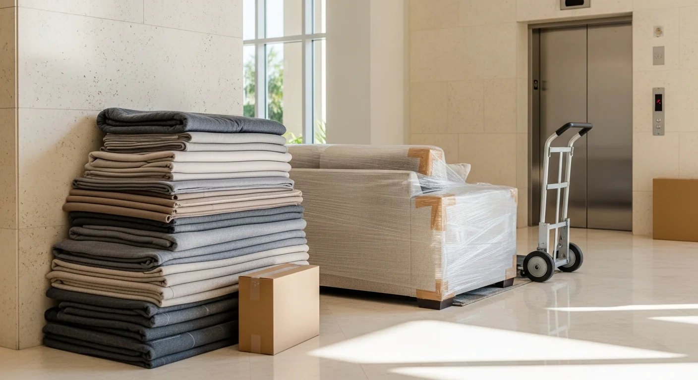 A moving crew carefully loading wrapped furniture through the lobby of a low-rise condo building in Lakewood Ranch, Florida. Floor protection is laid across the hallway and a freight elevator door is held open in the background.