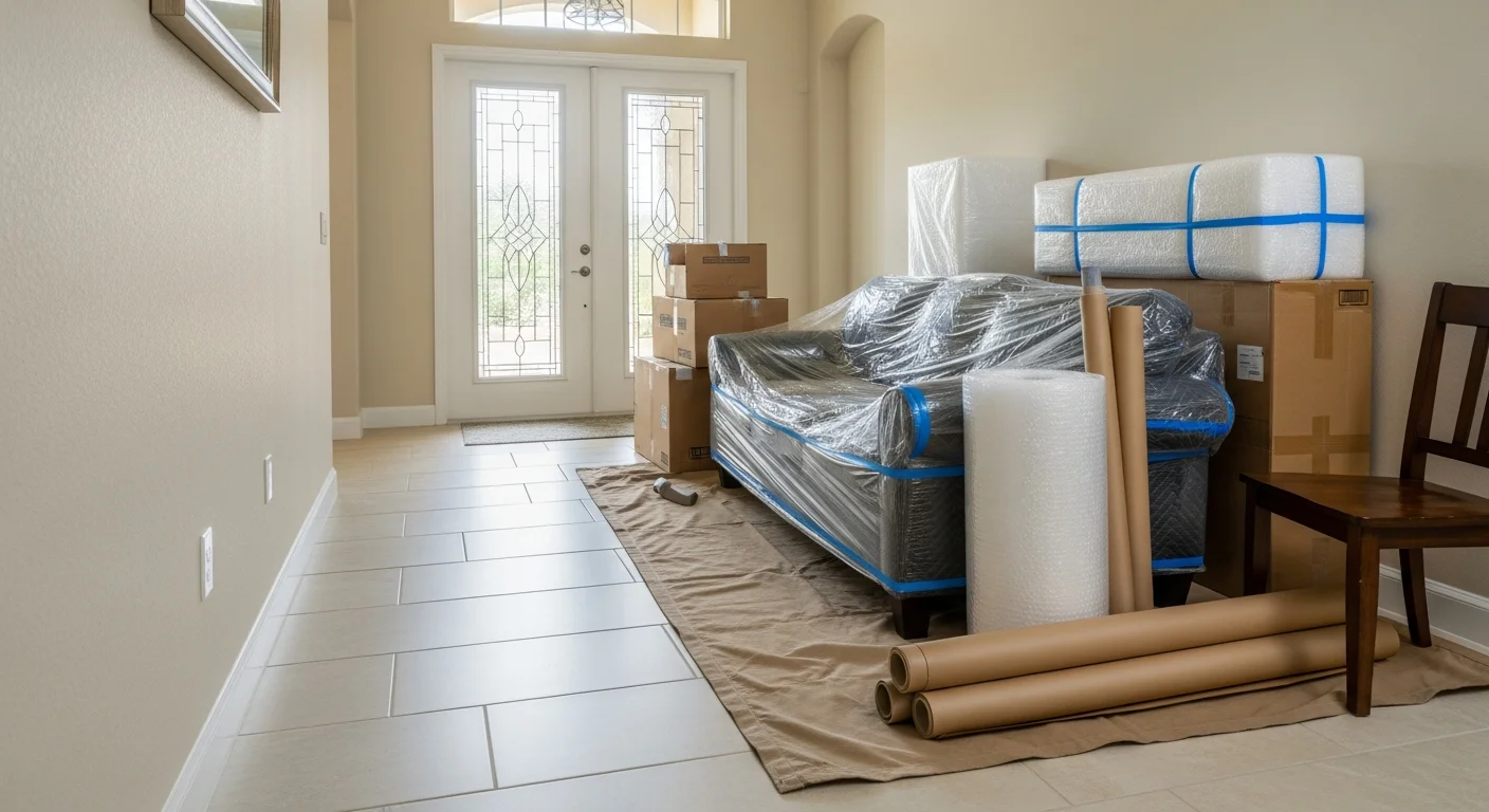 An Owens Moving and Packing crew member wrapping a wood dresser in protective padding inside a Lakewood Ranch home before loading. Wrapped furniture pieces are staged near the front door of a single-family home in a Lakewood Ranch village.