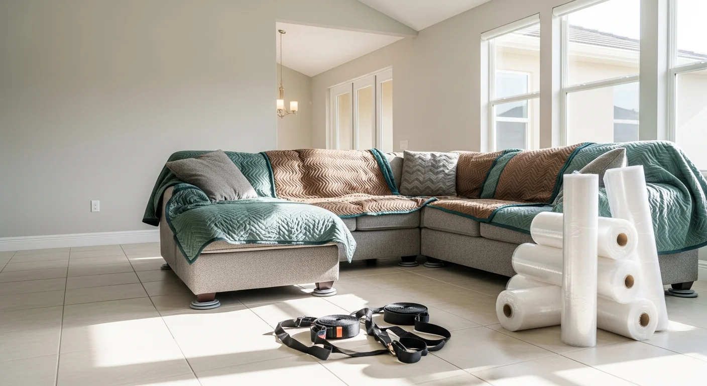 An Owens Moving and Packing crew member repositioning a large sectional sofa in a Lakewood Ranch single-family home with floor protection laid across the tile. The open-concept living room layout is visible in the background.