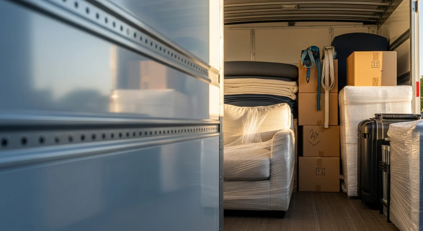 An Owens Moving and Packing crew loading wrapped furniture onto a moving truck outside a residential home in Lakewood Ranch, Florida. Moving blankets and boxes are staged near the front entrance of the property.