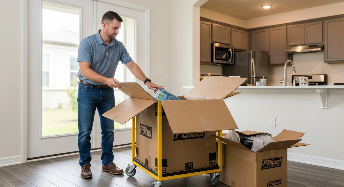 An Owens Moving and Packing crew unloading furniture from a moving truck in front of a single-family home in a Lakewood Ranch village. Neatly stacked boxes and wrapped furniture pieces sit on the driveway near the garage entrance.