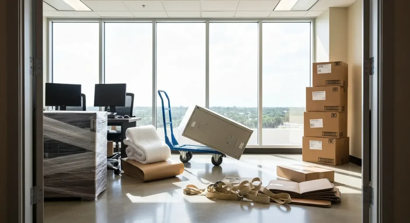 Owens Moving and Packing crew members carrying office furniture and boxed equipment through the entrance of a commercial building in Lakewood Ranch, Florida. Wrapped desks and labeled boxes are staged near a moving truck in the building's parking area.