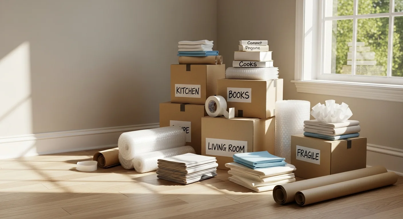 Owens Moving and Packing crew member carefully wrapping and boxing household items inside a Lakewood Ranch home prior to a residential move. Labeled boxes are stacked neatly in the living area ready for loading.