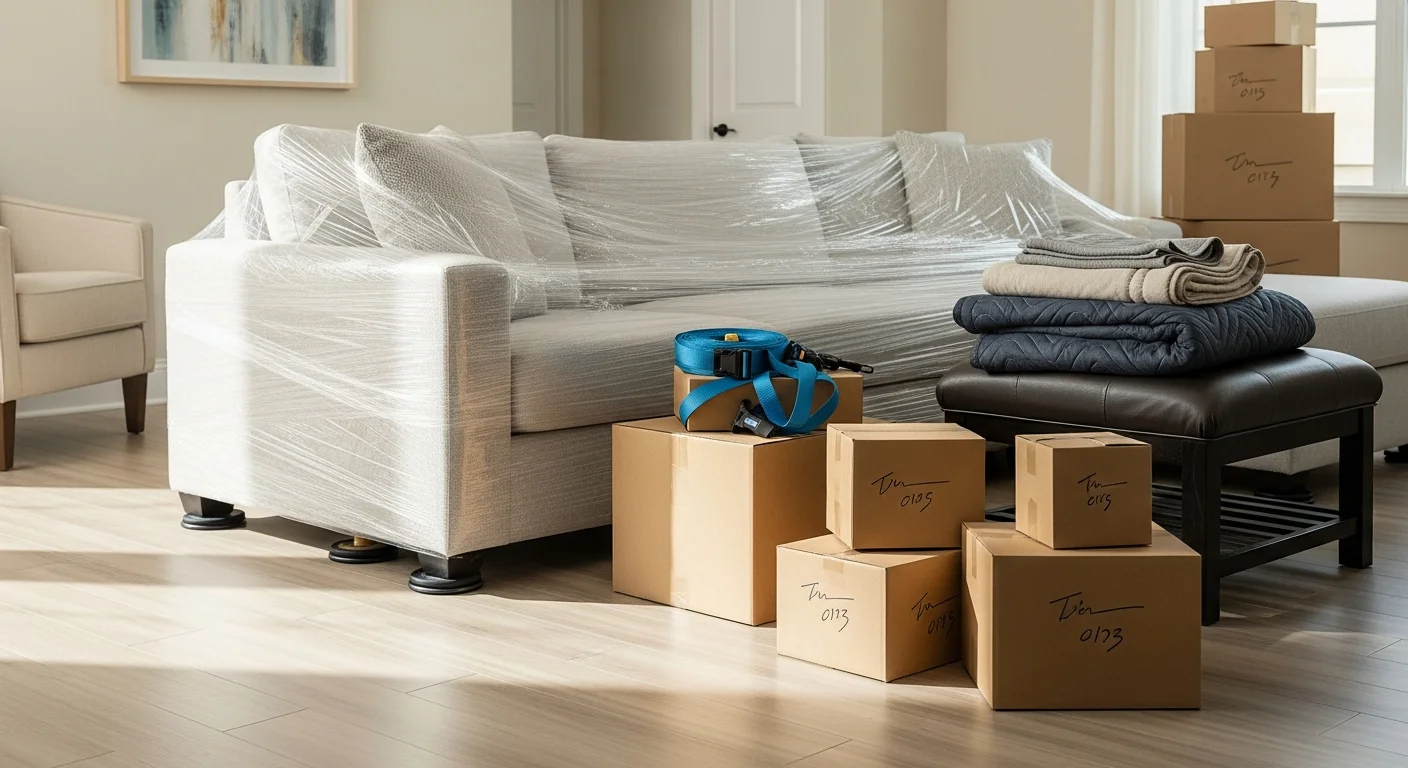 An Owens Moving and Packing crew carefully unloading furniture from a moving truck outside a single-family home in a Lakewood Ranch gated village. Moving equipment and wrapped furniture pieces are visible on the driveway.