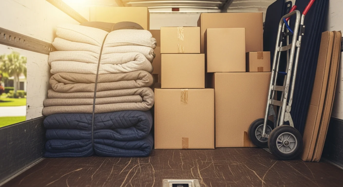 An Owens Moving and Packing crew unloading furniture from a moving truck in front of a single-family home in a Lakewood Ranch residential village. Wrapped furniture pieces are staged on the driveway near the home's front entrance.