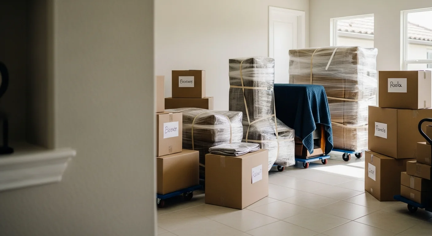 An Owens Moving and Packing crew member carefully carrying labeled moving boxes into a single-story home in a Lakewood Ranch 55+ community. Neatly packed boxes and wrapped furniture pieces are staged on the driveway ready for placement inside the residence.