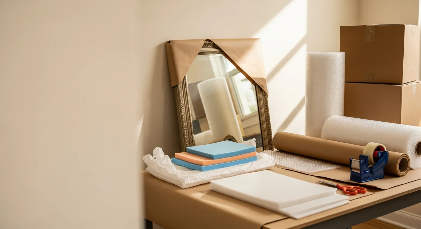 A packer from Owens Moving and Packing carefully wrapping a framed artwork in protective cushioning inside a Lakewood Ranch home. Packed specialty boxes are staged nearby, ready for loading.