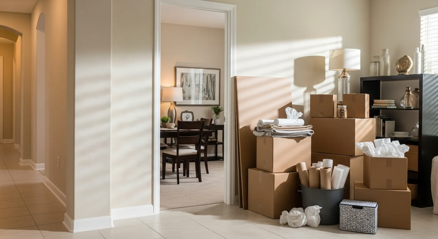 An Owens Moving and Packing crew member placing neatly unpacked kitchen items onto shelves inside a single-family home in Lakewood Ranch, Florida. Empty moving boxes are stacked near the front door ready for removal.